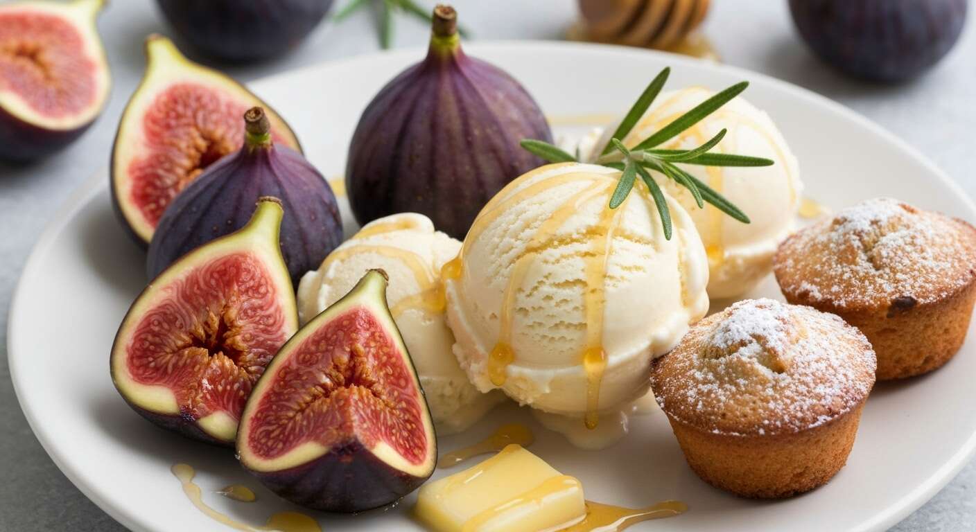 Figues rôties au miel avec glace au fromage blanc et minifinanciers