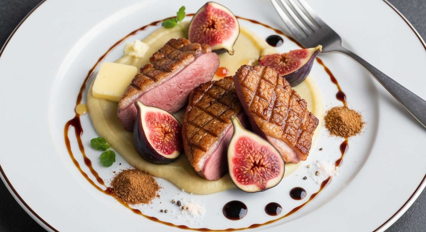 Filet de canette à la figue fraîche et purée de céleri-rave