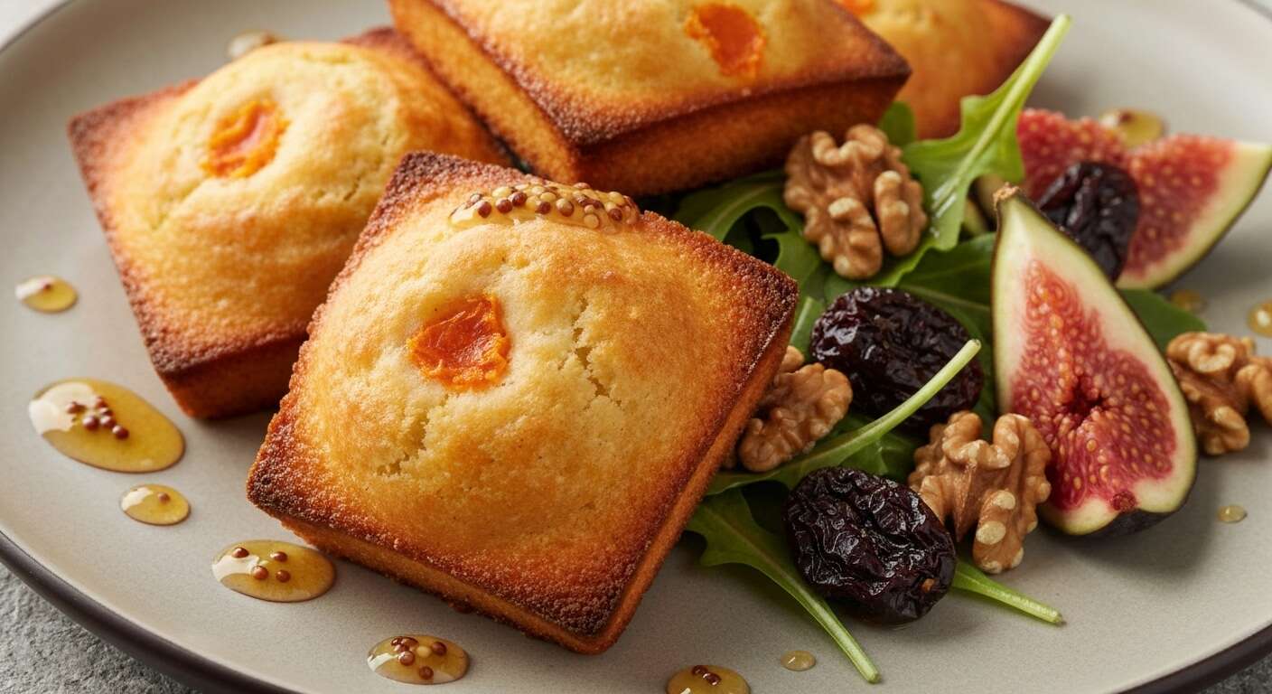 Financier au crabe et mimolette, salade croquante aux figues
