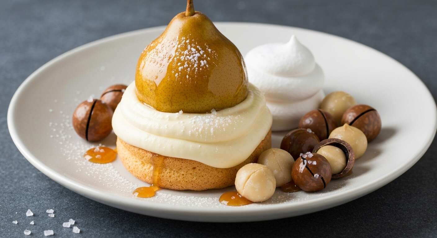 Soufflé glacé aux poires : caramel et noix de macadamia éclatants