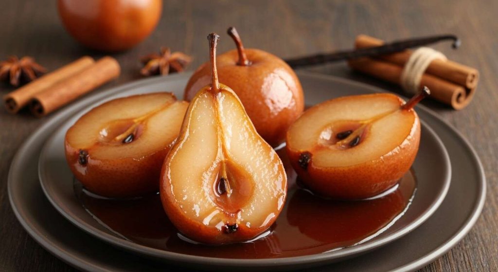 Recette de poires glacées au caramel de vin rouge épicé