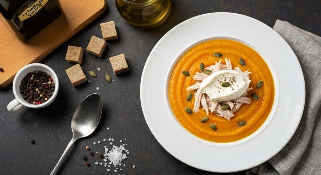 Soupe de potiron et poulet effiloché à la VQR ail et fines herbes