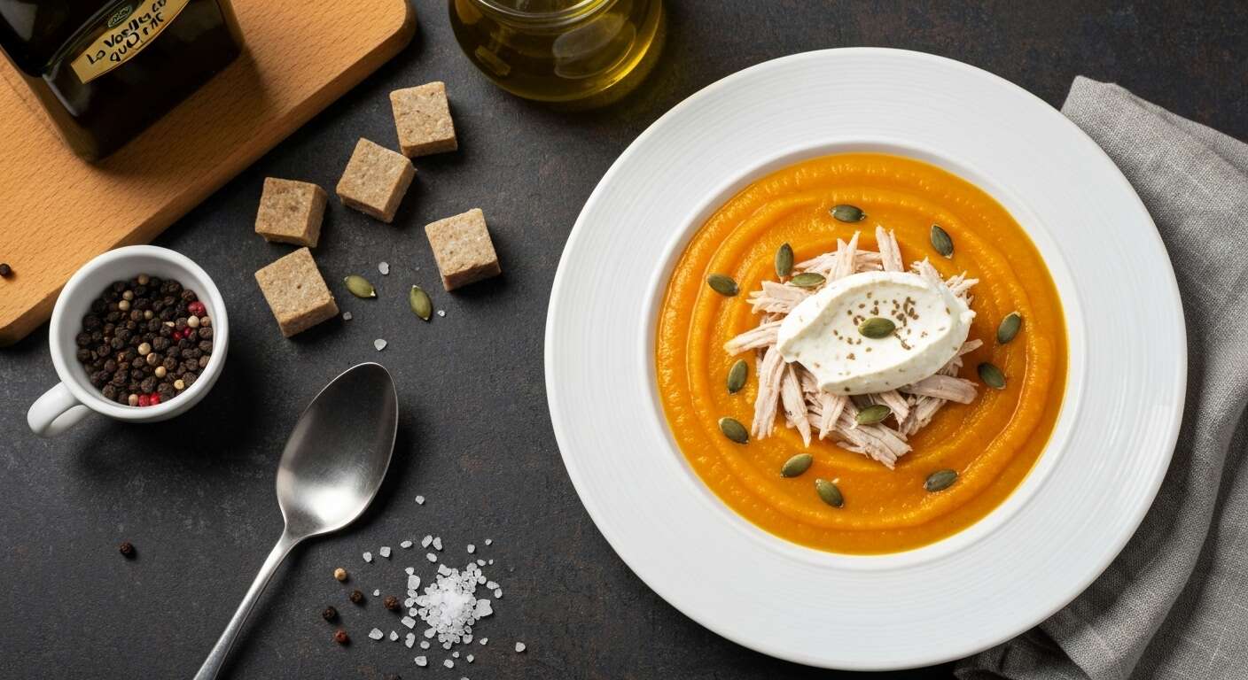 Soupe de potiron et poulet effiloché à la VQR ail et fines herbes
