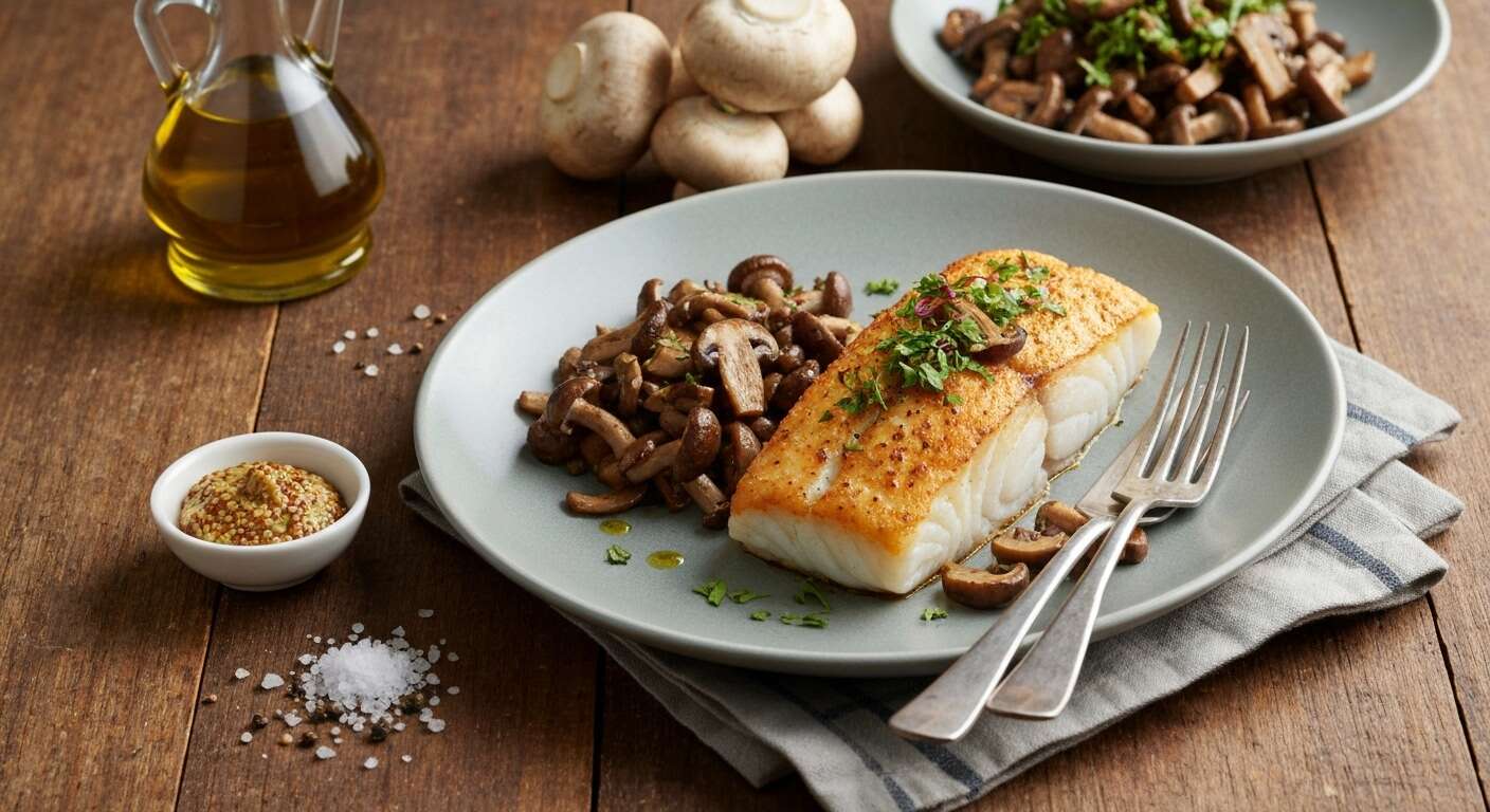 Pavé de cabillaud croustillant, salade d'herbes et fricassée de champignons des bois