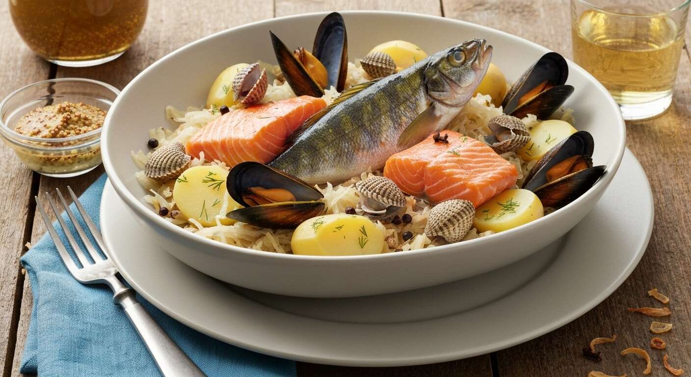 Choucroute de la mer : sandre, saumon et coquillages