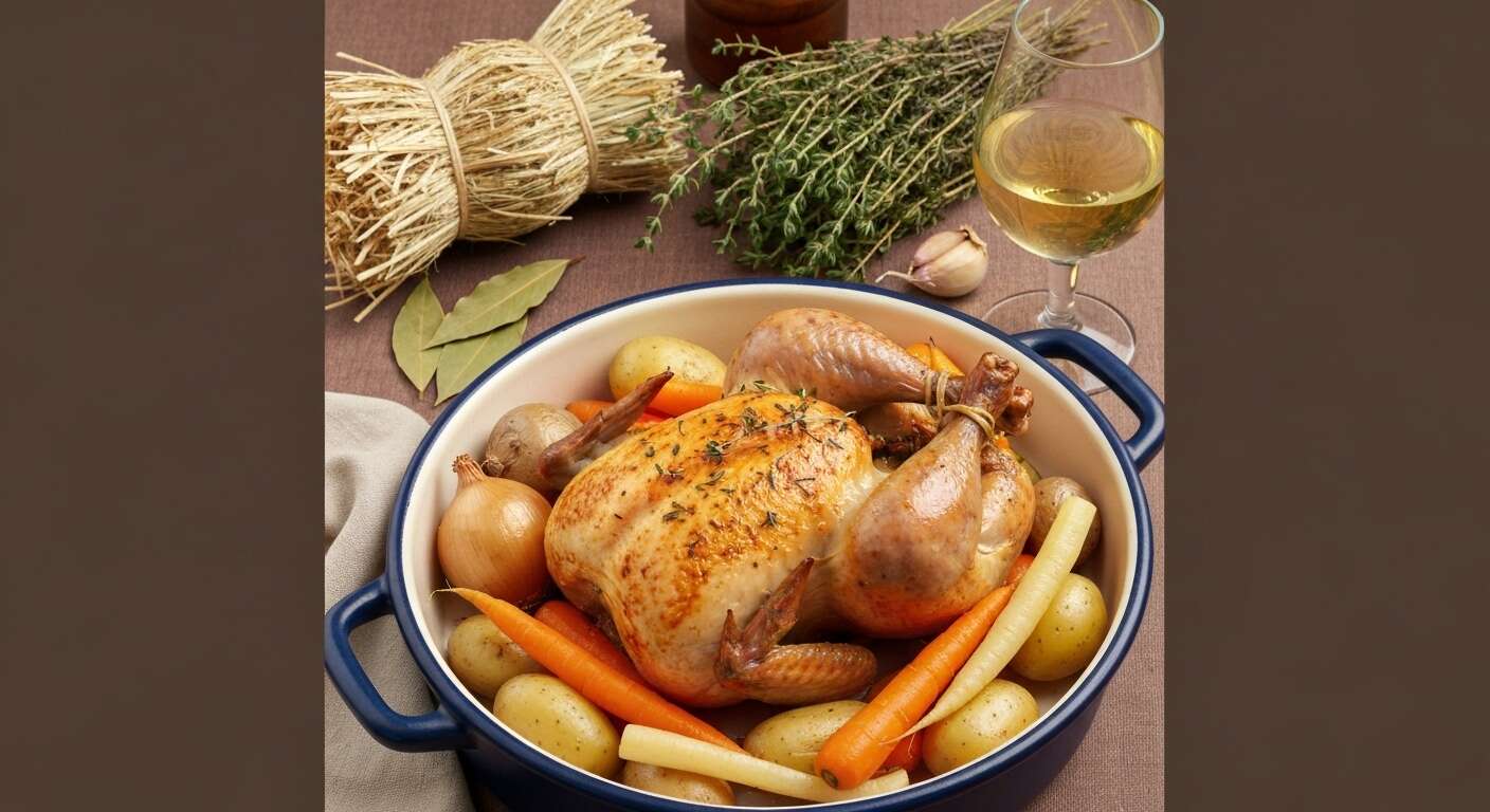 Poulet rôti à la cocotte : recette au foin et légumes d'automne