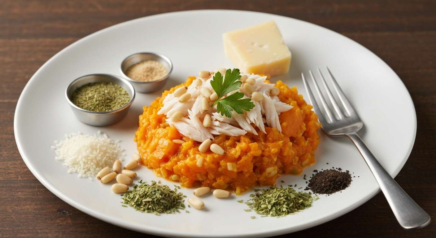 Risotto de potimarron, cabillaud effeuillé et salade d'herbes