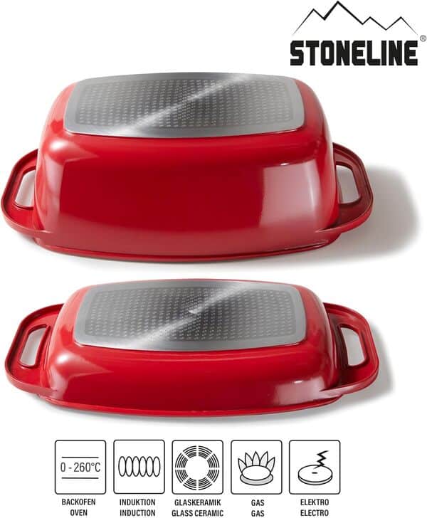 STONELINE Cocotte Rectangulaire XXL 43x26 cm, avec Couvercle, en Fonte d'Aluminium, Convient à l'Induction et au Four, Revêtement Antiadhésif avec de vraies particules de pierre, Rouge