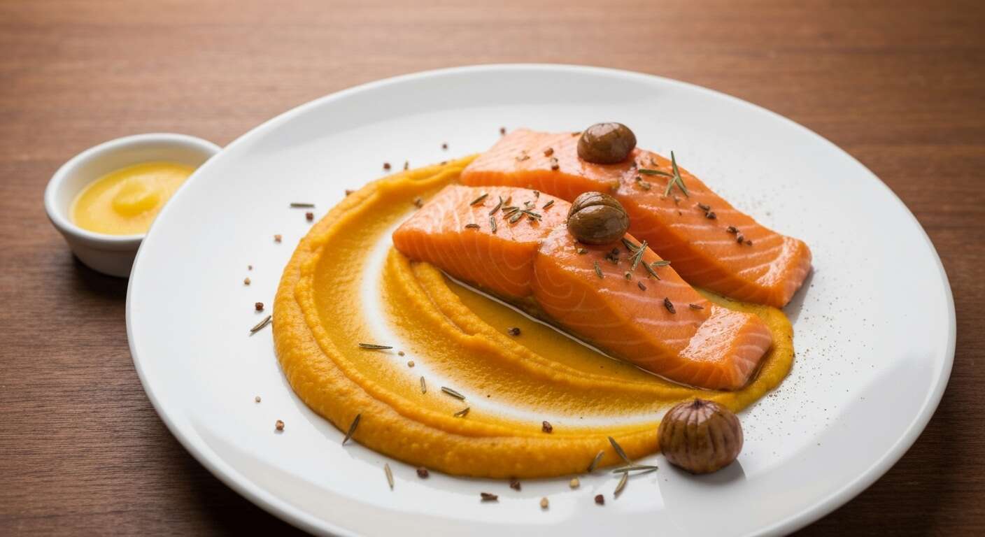 Saumon au Romarin, mousseline de Potiron et Éclats de Marron
