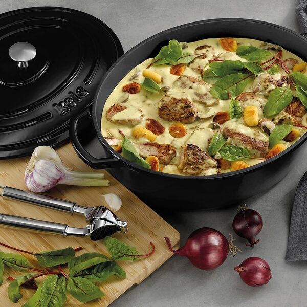 kela Bräter Gusseisen oval 9,3 Liter, Dutch Oven CALIDO, Induktion Gussbräter mit Deckel, Gusseisen Topf Brot backen, emailliert, schwarz