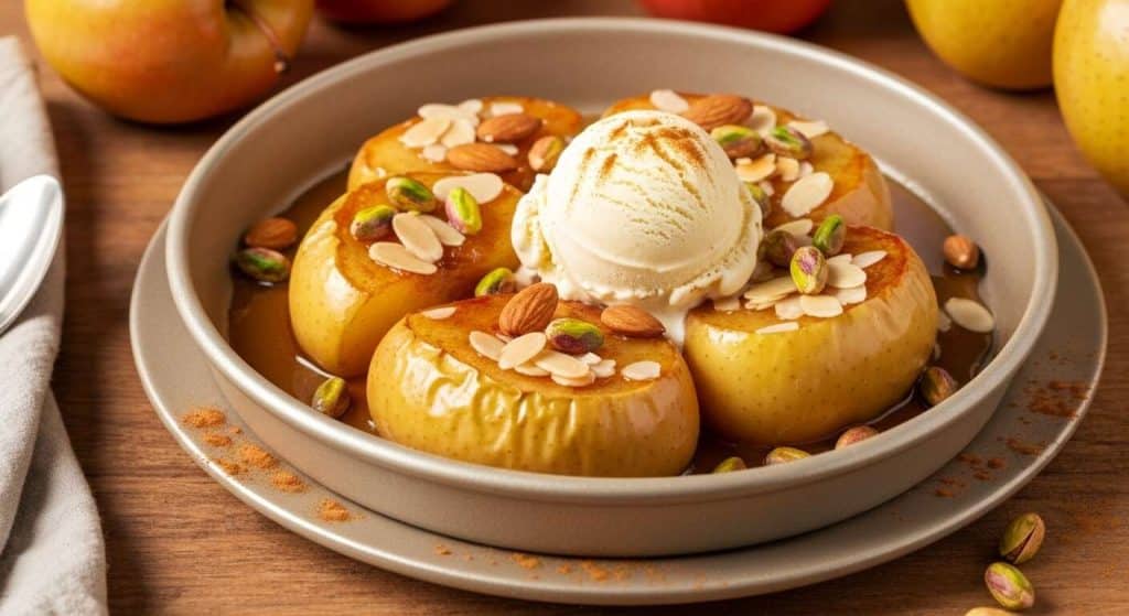 Pommes au four aux amandes et pistaches, glace à la vanille