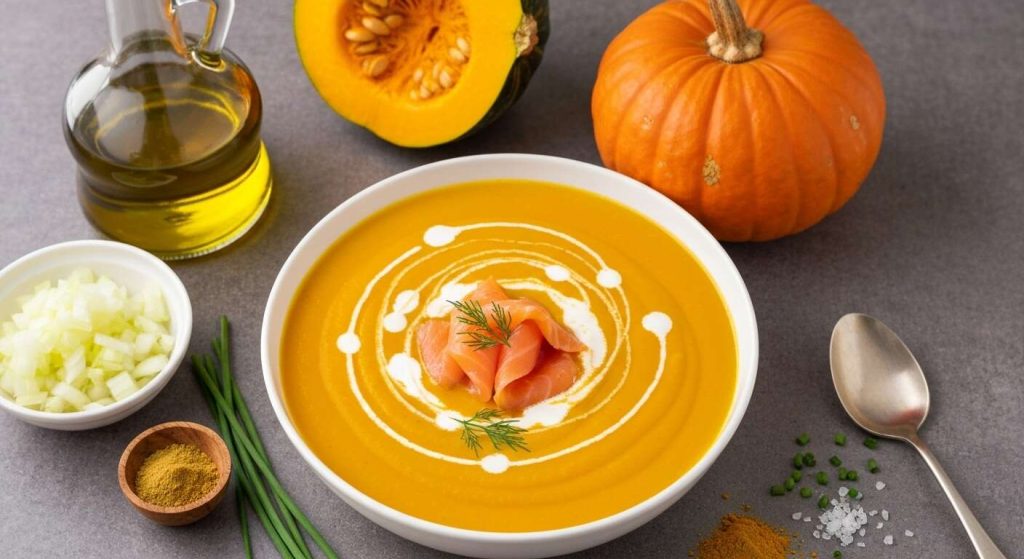 Velouté de potiron : émulsion curry et saumon fumé