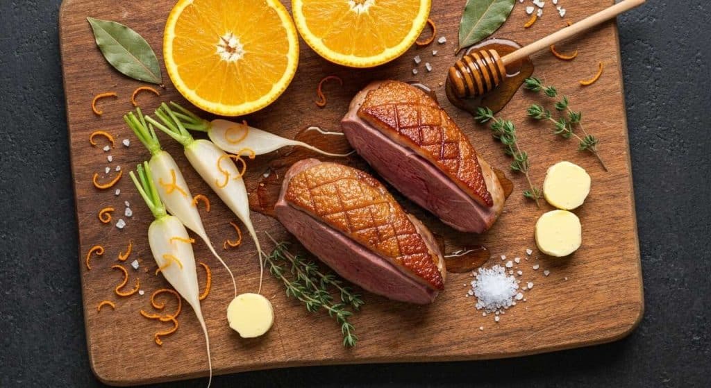 Magret de canard rôti et navets glacés à l'orange