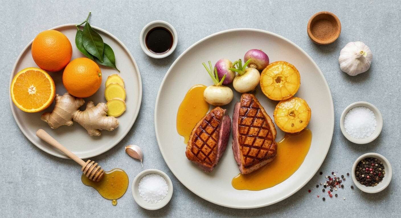 Filet de canard laqué : recette avec navet glacé au miel et jus d'orange