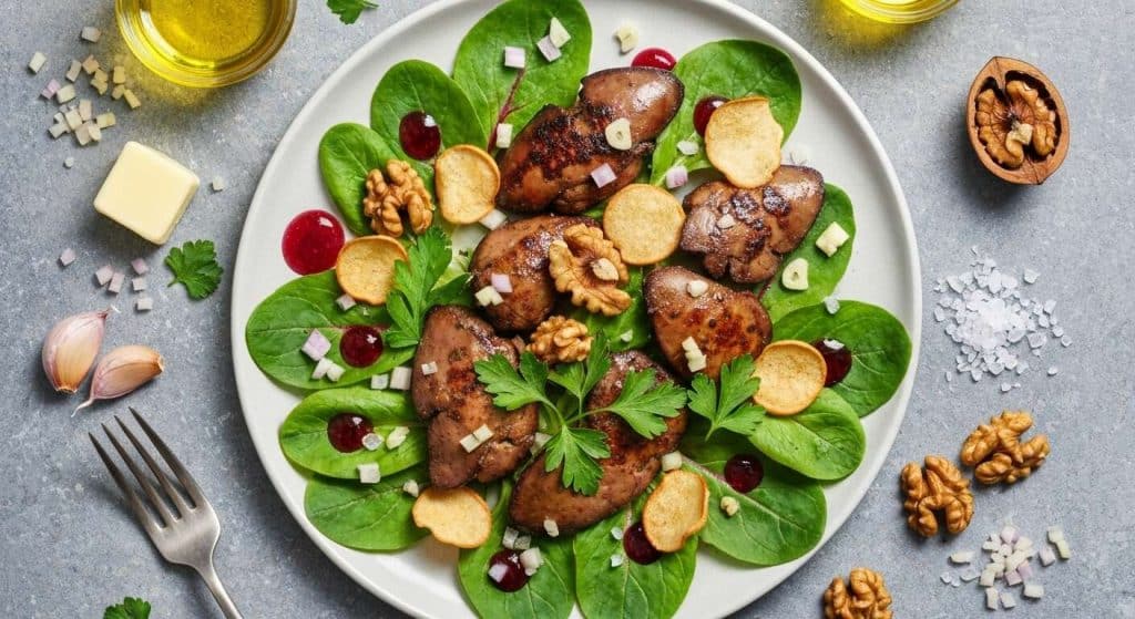 Salade de mâche au foie de volaille et chips de mimolette : recette gourmande