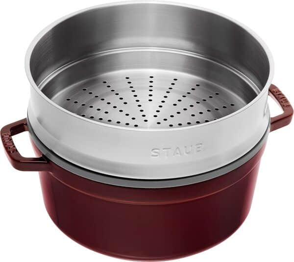 STAUB Cocotte en Fonte Émaillée avec Couvercle et panier vapeur, Tous feux dont induction, 4 à 5 personnes, Ronde, 26 cm, 5 L, 7,2 kg, Grenadine