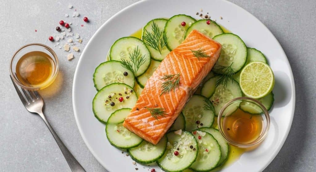 Pavé de saumon mi-cuit, concombre et pomme verte : recette gourmande