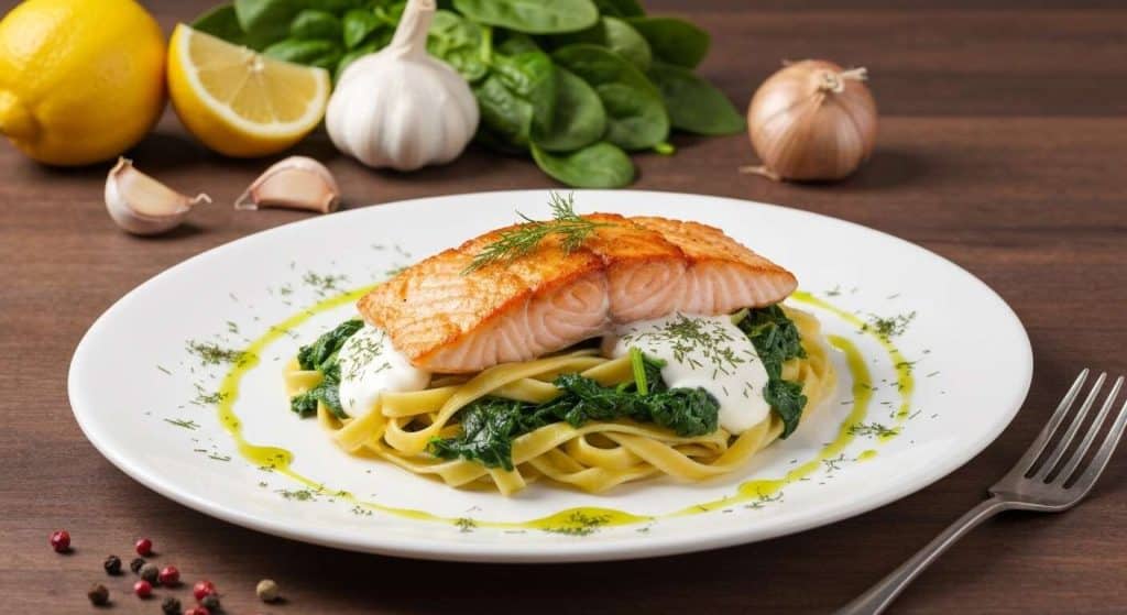 Pavé de saumon aux tagliatelles et épinards : recette gourmande