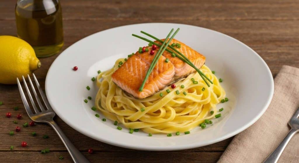 Pavé de saumon poché et tagliatelles à la mousseline fromage crème ciboulette