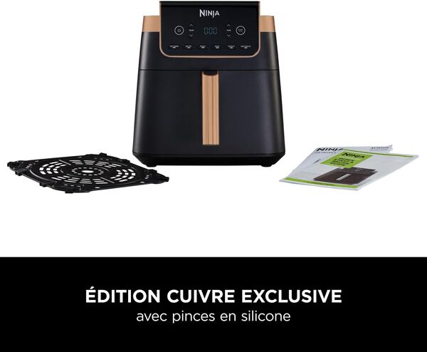 Ninja Air Fryer MAX PRO, 6,2 L, Grand tiroir, rôtir, cuire au four, frire sans huile, familial, antiadhésif, panier/plaque croustillante compatibles lave-vaisselle, pinces, noir/cuivre, AF180EUCP