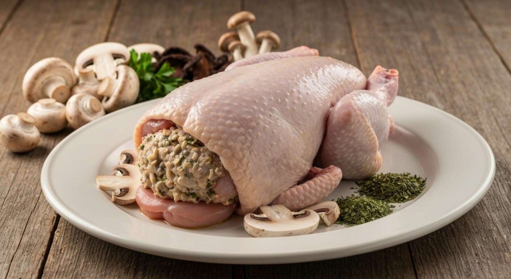 Poulet désossé farci aux champignons et huile de truffe : recette gourmande