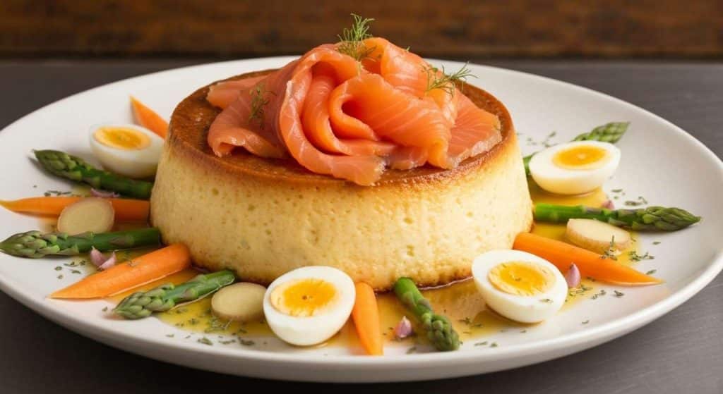 Flan canelé au saumon, légumes croquants, réduction de Sauternes au gingembre et estragon