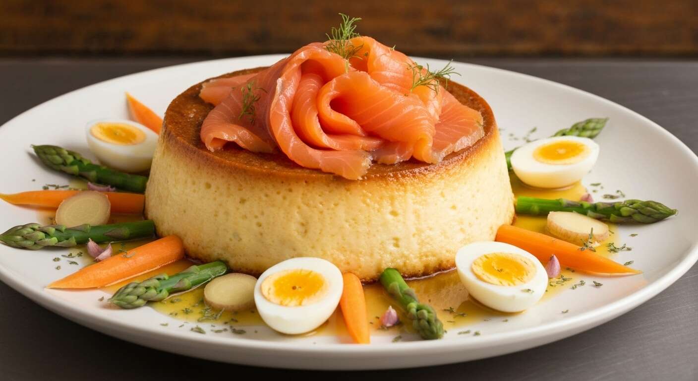 Flan canelé au saumon, légumes croquants, réduction de Sauternes au gingembre et estragon