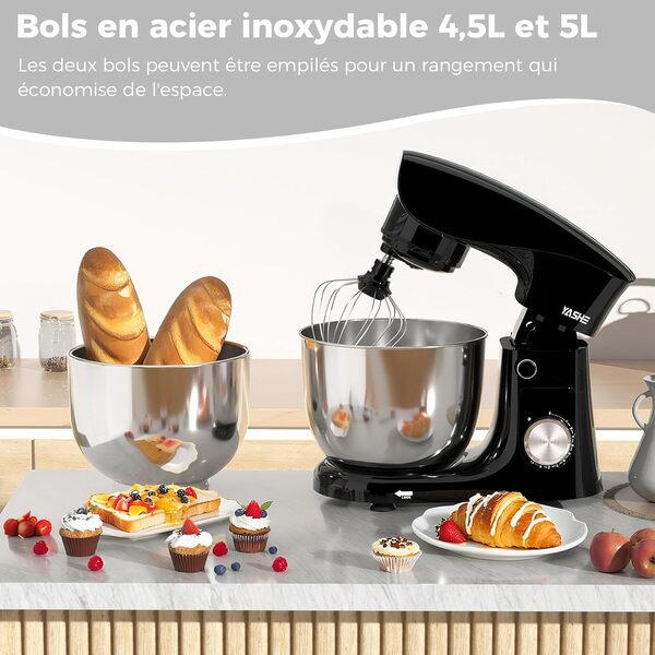 YASHE Robot Pâtissier 1500W, 4,5L + 5L Deux Bols en Acier Inoxydable, 10+P Vitesses, Tête Inclinable, Crochet à Pâte, Batteur & Fouet, Robot Pétrin Professionnel