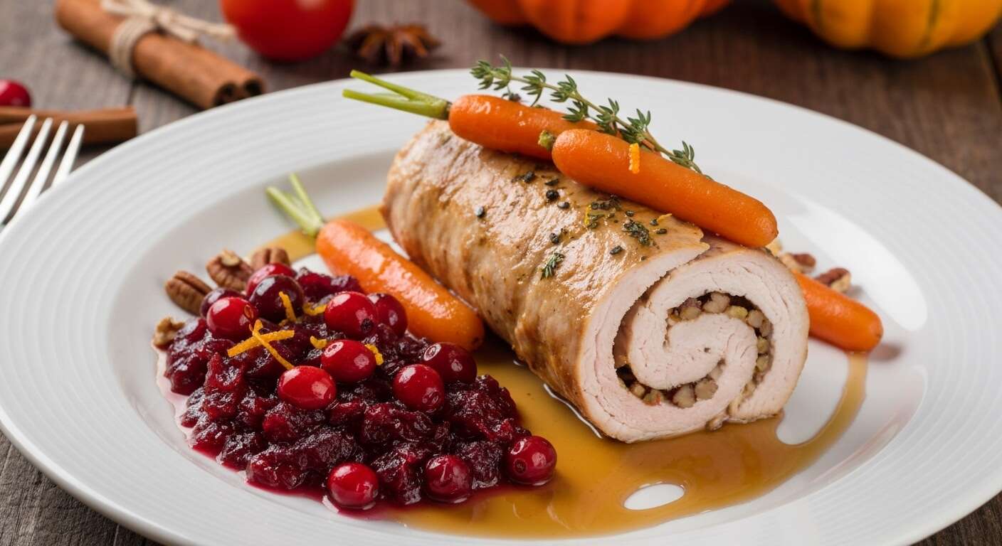 Roulé de dinde de Thanksgiving : carottes glacées au sirop d’érable et relish de cranberries
