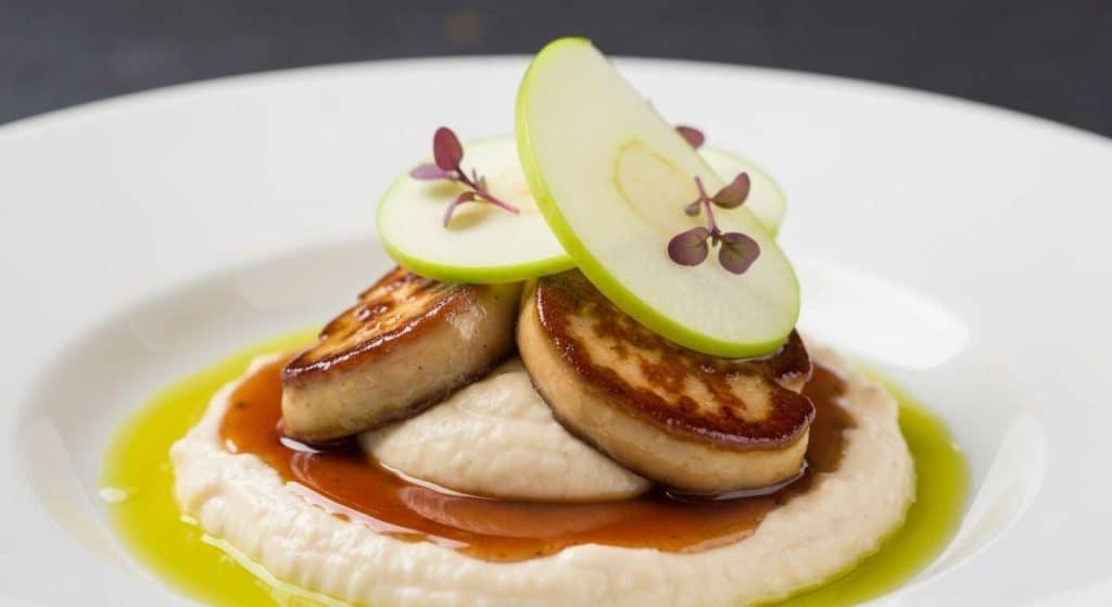 Mousseline de céleri et foie gras poêlé au jus déglacé, pomme verte
