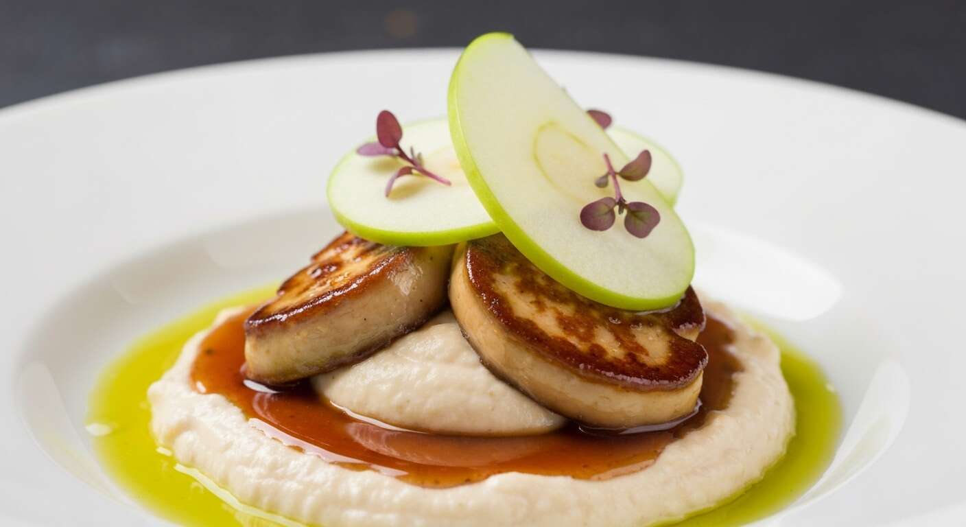 Mousseline de céleri et foie gras poêlé au jus déglacé, pomme verte