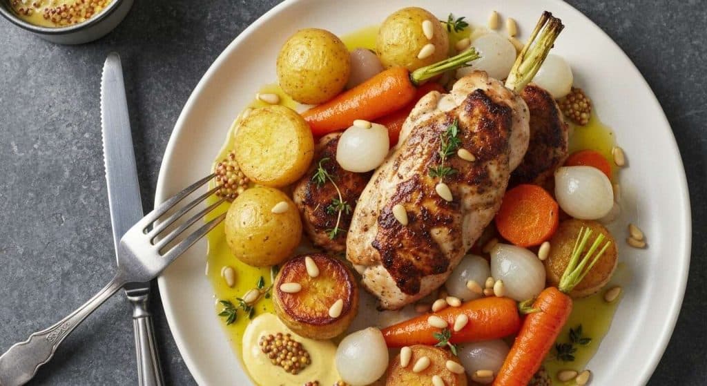 Aiguillettes de poulet au pain d'épice et cocotte de légumes aux pignons de pin