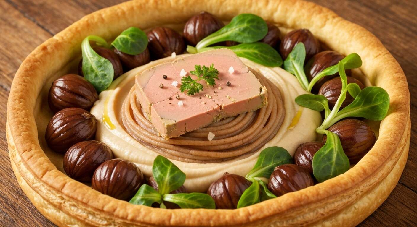 Tarte fine aux châtaignes et foie gras poêlé avec salade de mâche