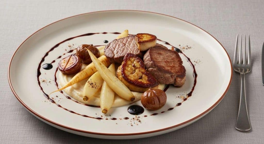 Magret de canard aux marrons façon Rossini, crème de panais et salsifis glacés