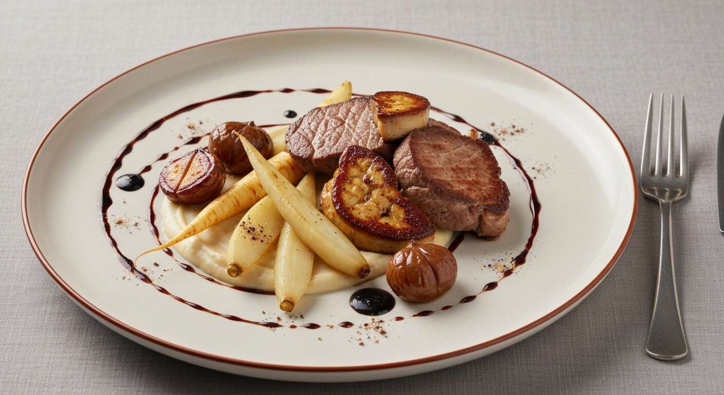 Magret de canard aux marrons façon Rossini, crème de panais et salsifis glacés