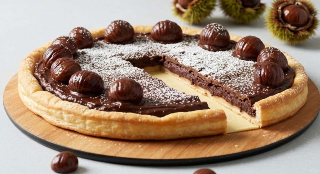 Tarte feuilletée sans gluten : crème de marrons, chocolat et marrons glacés