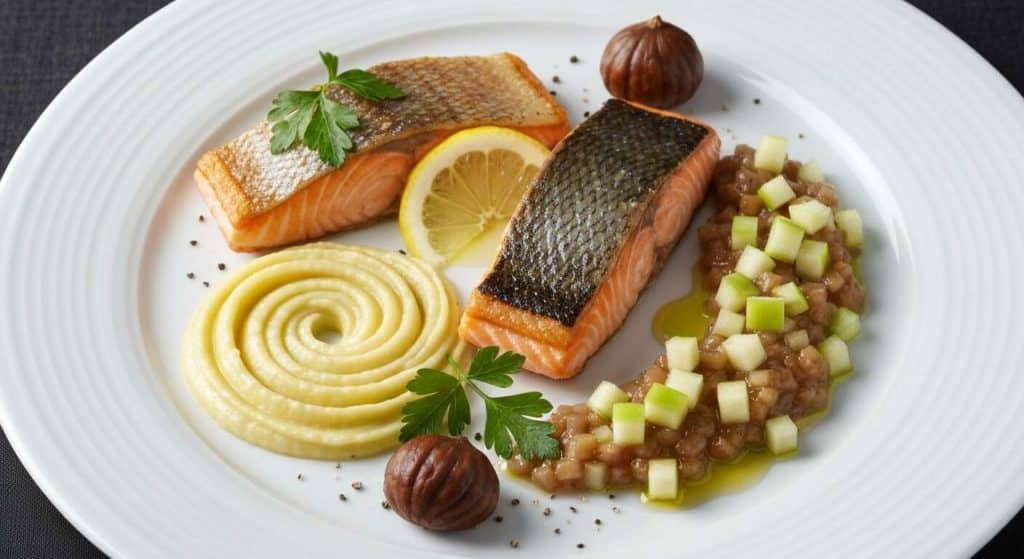 Saumon croustillant, crème de panais, sauce vierge aux châtaignes et pomme verte
