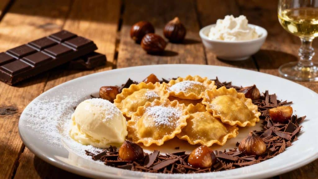 Ravioli croustillant chocolat et marron glacé : mousse au Limoncello