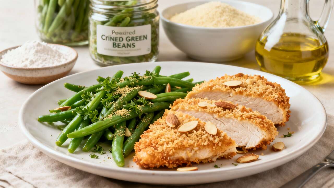 Poulet pané aux amandes et haricots verts sautés : recette gourmande et facile