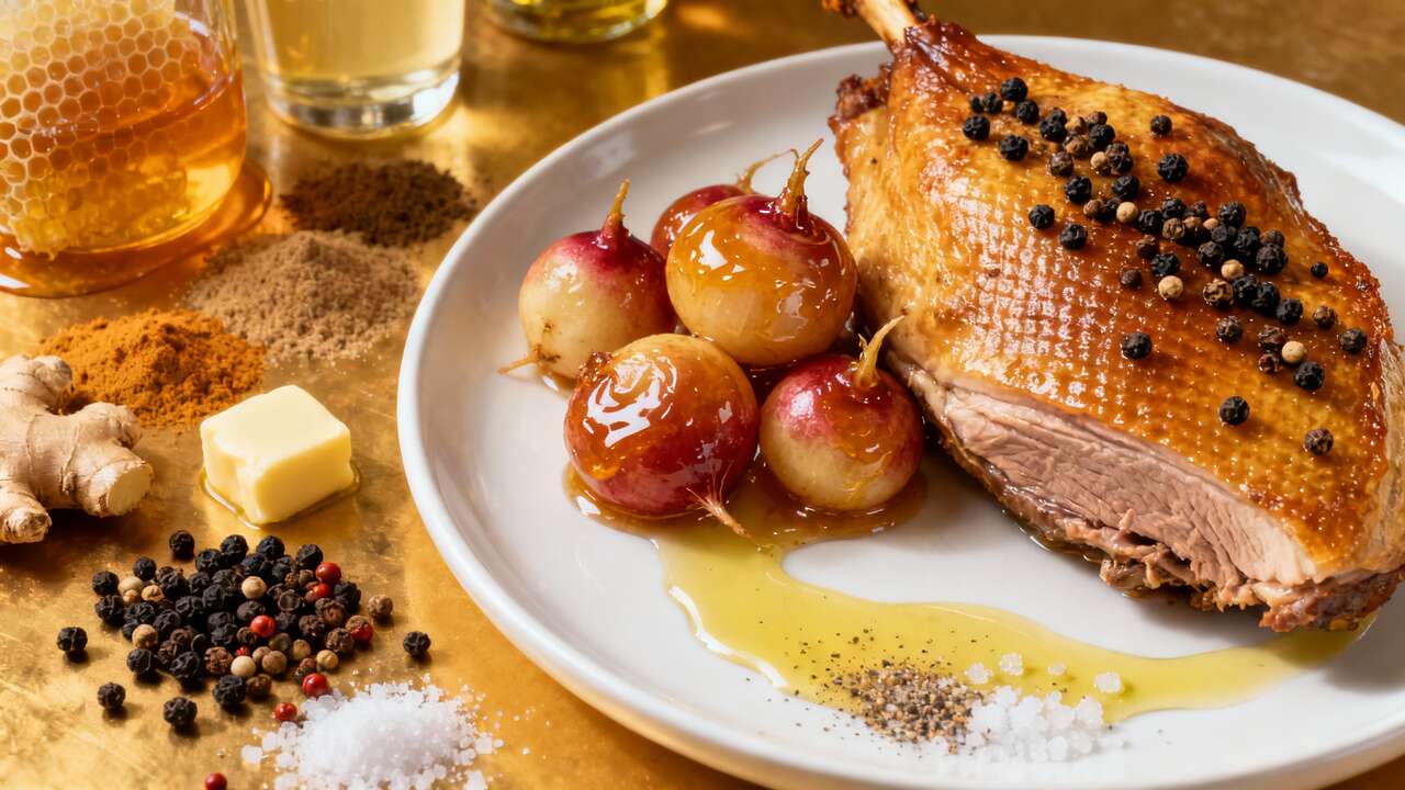 Filet de canette aux poivres, navets glacés au miel et gingembre