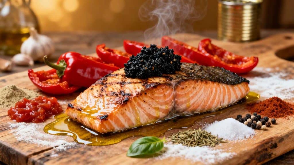 Dos de saumon à l'unilatérale : recette avec tomates, poivrons et tapenade noire