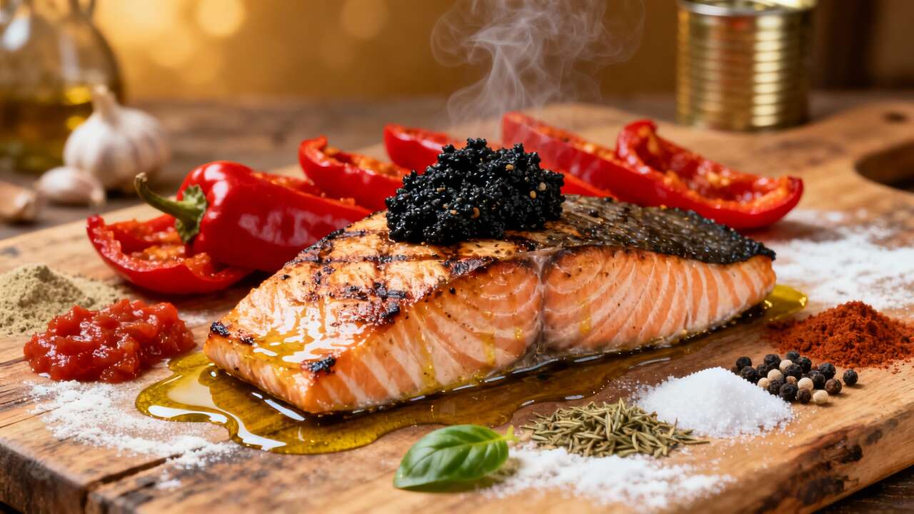 Dos de saumon à l'unilatérale : recette avec tomates, poivrons et tapenade noire