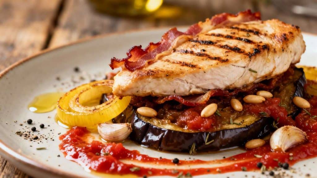 Escalope de Poulet Bacon et Compote d'Aubergines aux Pignons
