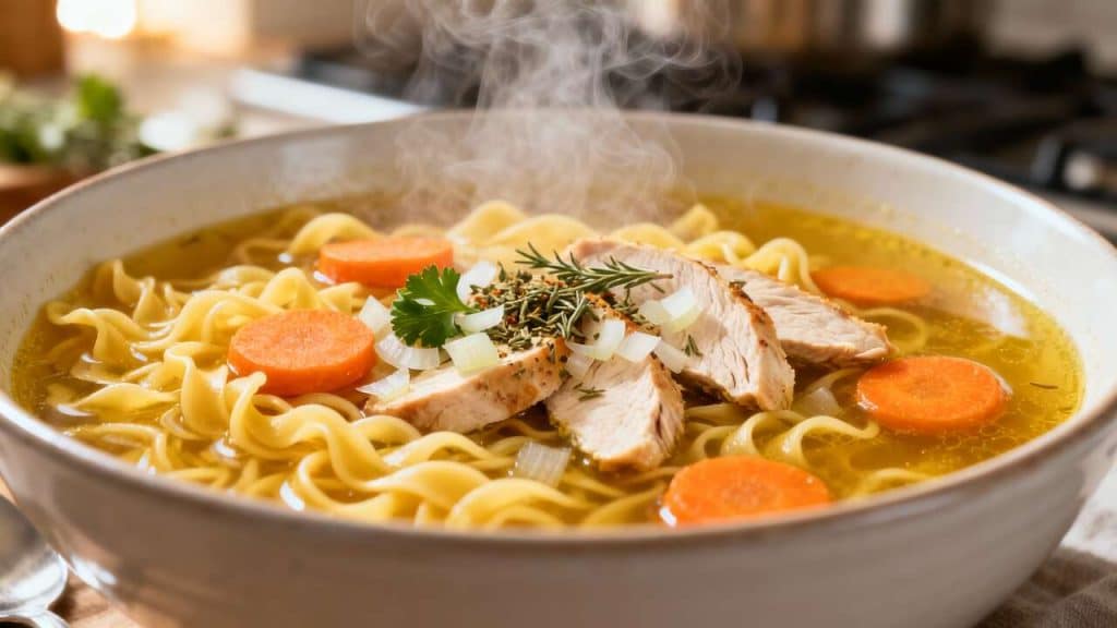 Soupe de nouilles au poulet : recette facile et savoureuse