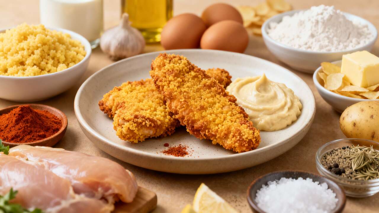 Aiguillettes de poulet croustillantes : chapelure de polenta et purée maison