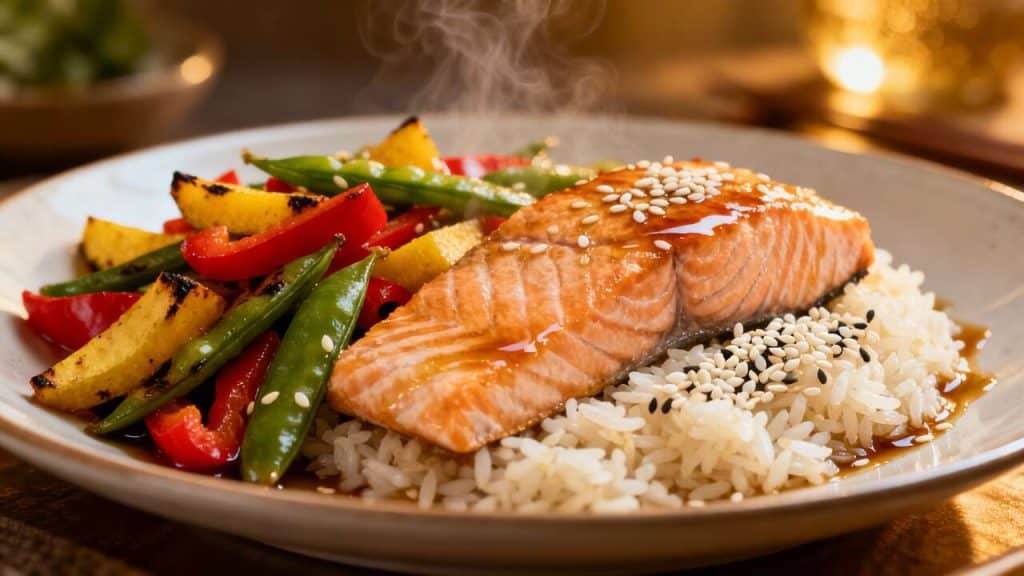 Wok de légumes croquants et saumon vapeur au saké
