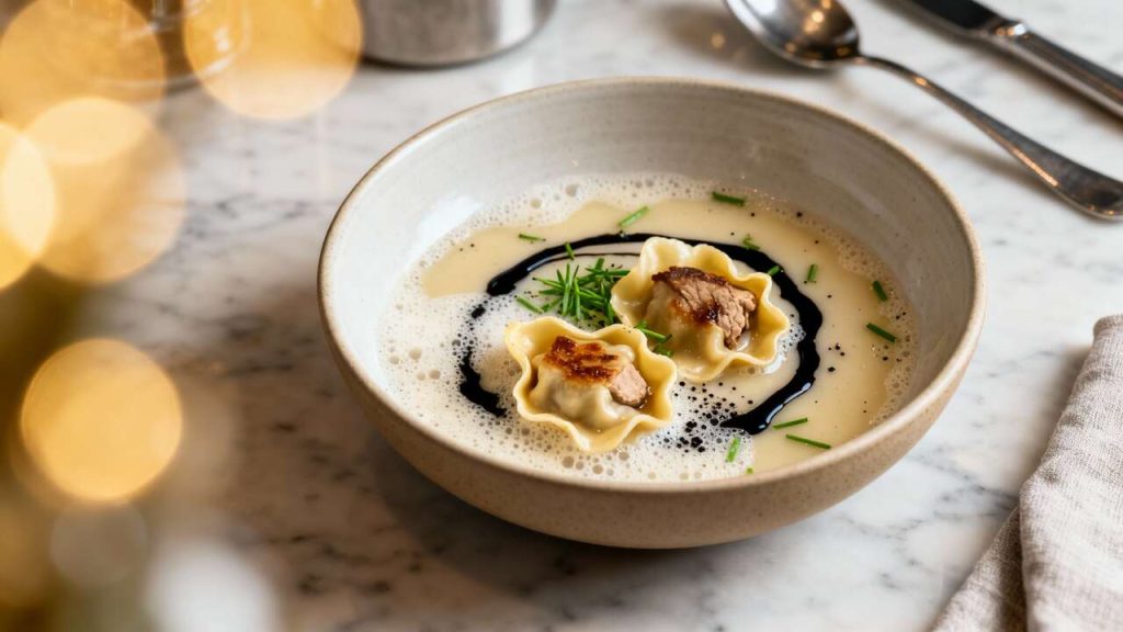 Raviole de foie gras : bouillon de poulette mousseux