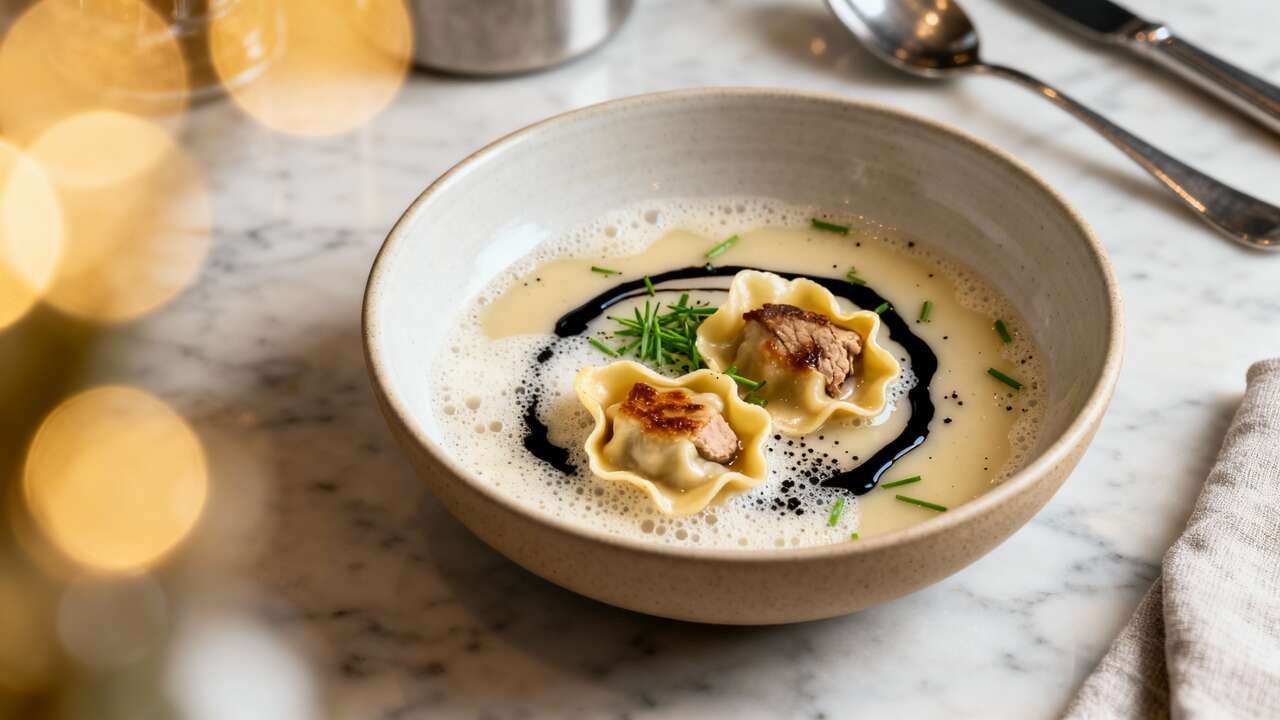 Raviole de foie gras : bouillon de poulette mousseux
