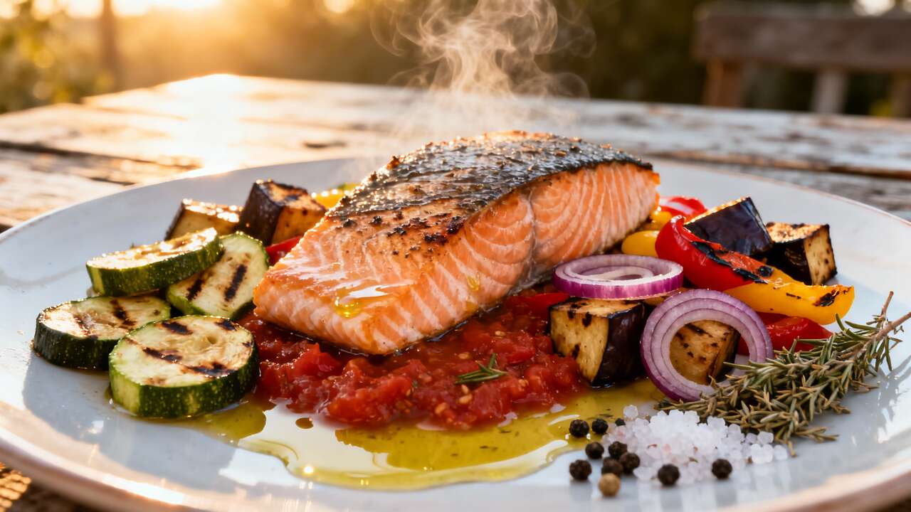 Pavé de saumon à l'unilatérale et légumes provençaux