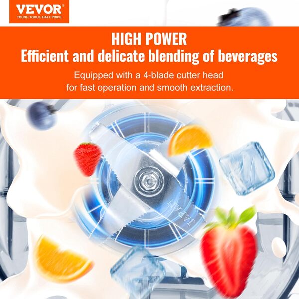 VEVOR Mixeur Professionnel avec Capacité de 2 L, Blender Électrique de Comptoir, Mélangeur avec Bouclier, 9 Vitesses et 5 Fonctions, pour Boissons Glacées, Milk-shakes, Smoothies, Cuisine, Blanc